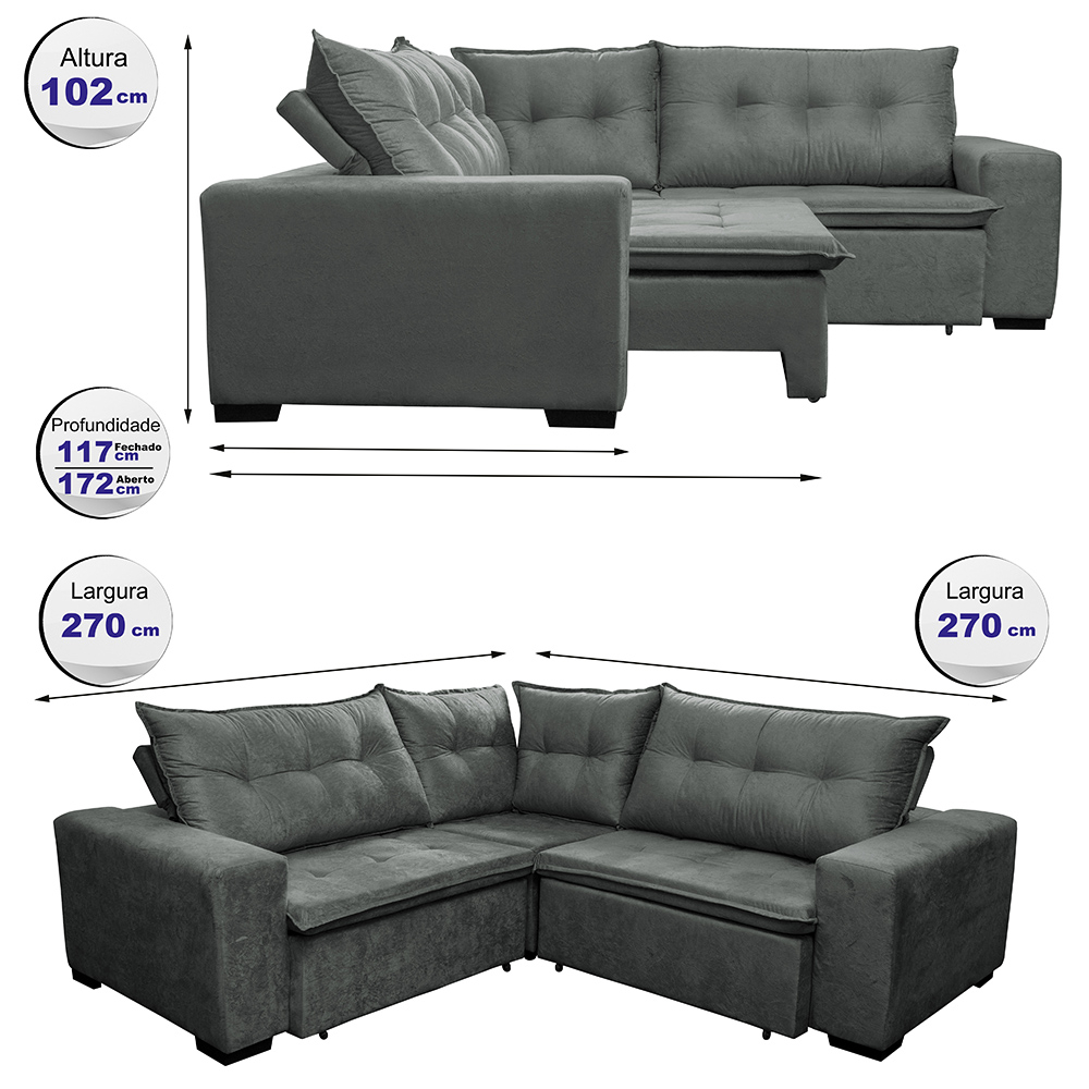 Sofa de Canto Retrátil e Reclinável com Molas Cama inBox Oklahoma 2,70m x 2,70m Suede Velusoft Cinza