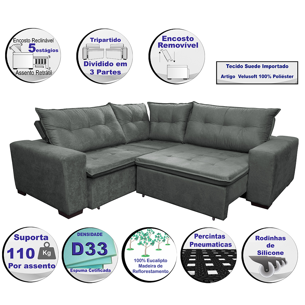 Sofa de Canto Retrátil e Reclinável com Molas Cama inBox Oklahoma 2,70m x 2,70m Suede Velusoft Cinza