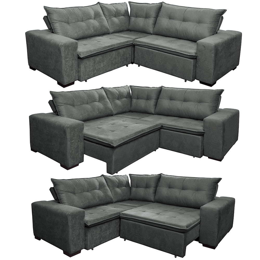 Sofa de Canto Retrátil e Reclinável com Molas Cama inBox Oklahoma 2,70m x 2,70m Suede Velusoft Cinza