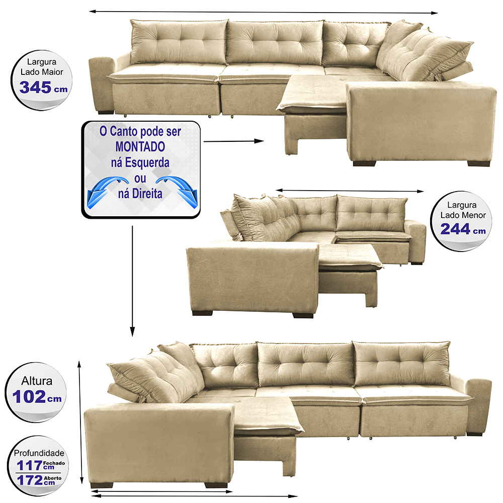 Sofa de Canto Retrátil e Reclinável com Molas Cama inBox Oklahoma 3,45X2,41 ou 2,41X3,45 Bege