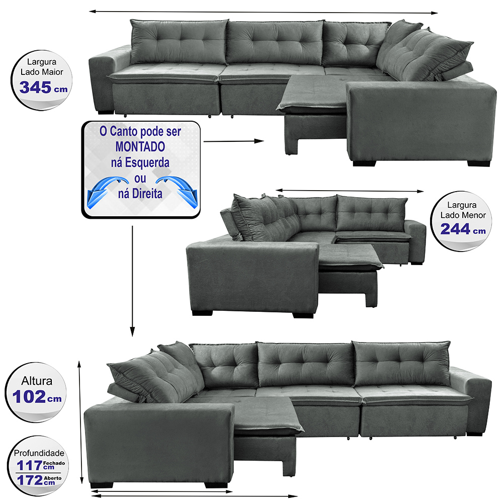 Sofa de Canto Retrátil e Reclinável com Molas Cama inBox Oklahoma 3,45X2,41 ou 2,41X3,45 Cinza