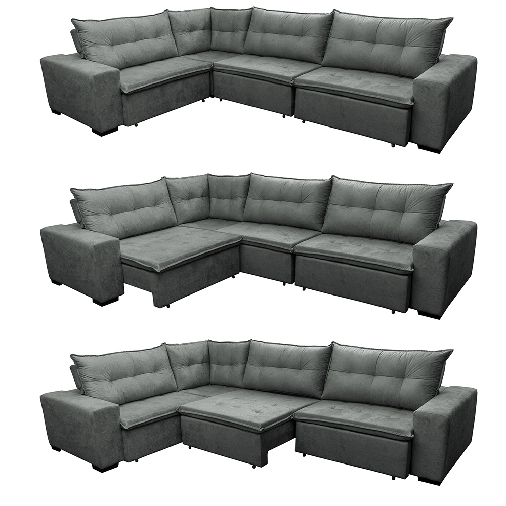 Sofa de Canto Retrátil e Reclinável com Molas Cama inBox Oklahoma 3,45X2,41 ou 2,41X3,45 Cinza