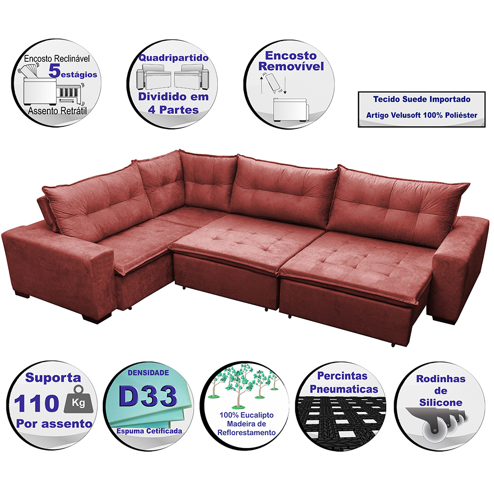 Sofa de Canto Retrátil e Reclinável com Molas Cama inBox Oklahoma 3,45X2,41 ou 2,41X3,45 Vermelho