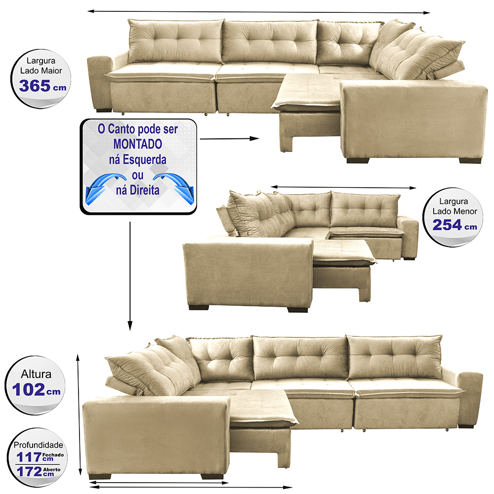 Sofa de Canto Retrátil e Reclinável com Molas Cama inBox Oklahoma 3,65X2,51 ou 2,51X3,65 Bege