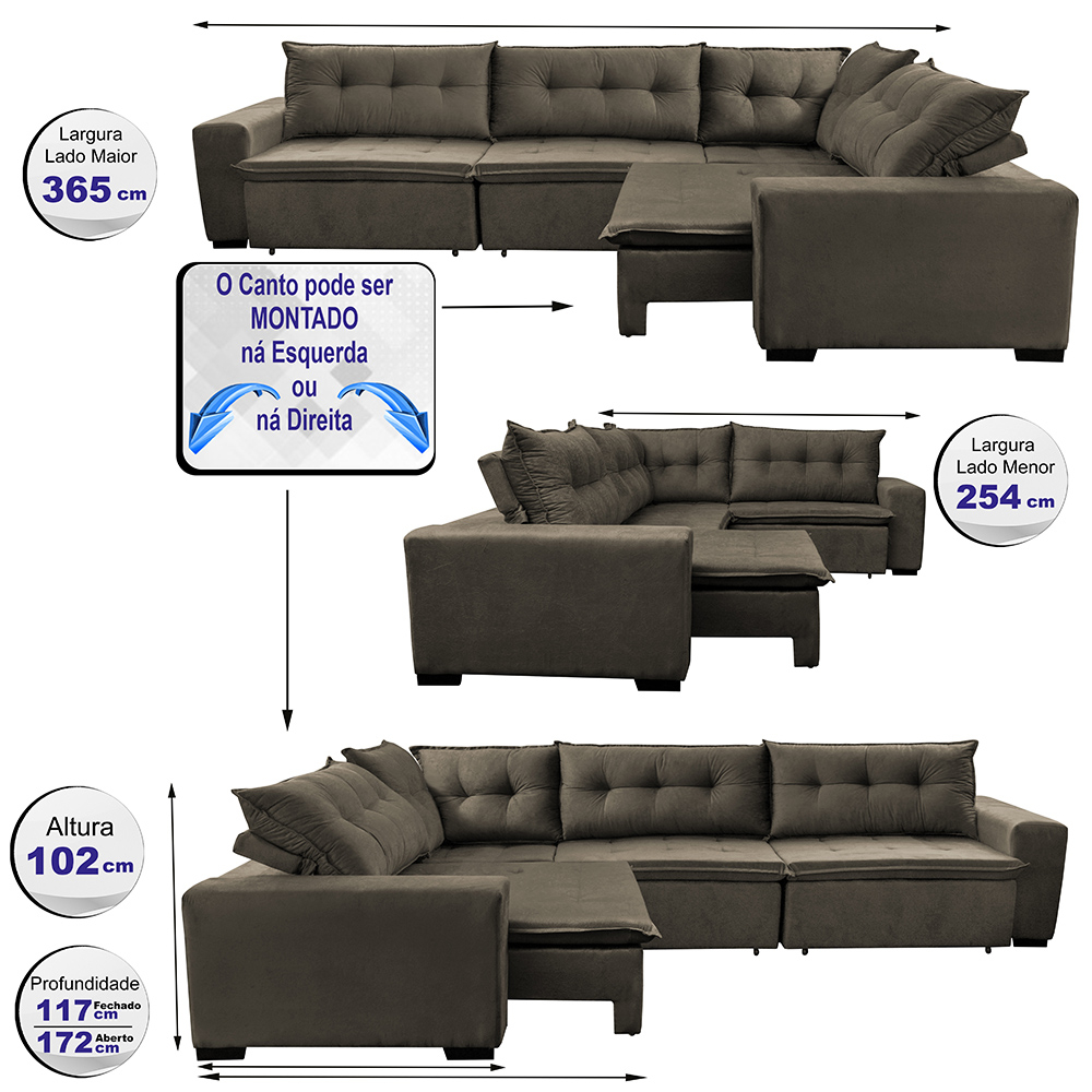 Sofa de Canto Retrátil e Reclinável com Molas Cama inBox Oklahoma 3,65X2,51 ou 2,51X3,65 Café