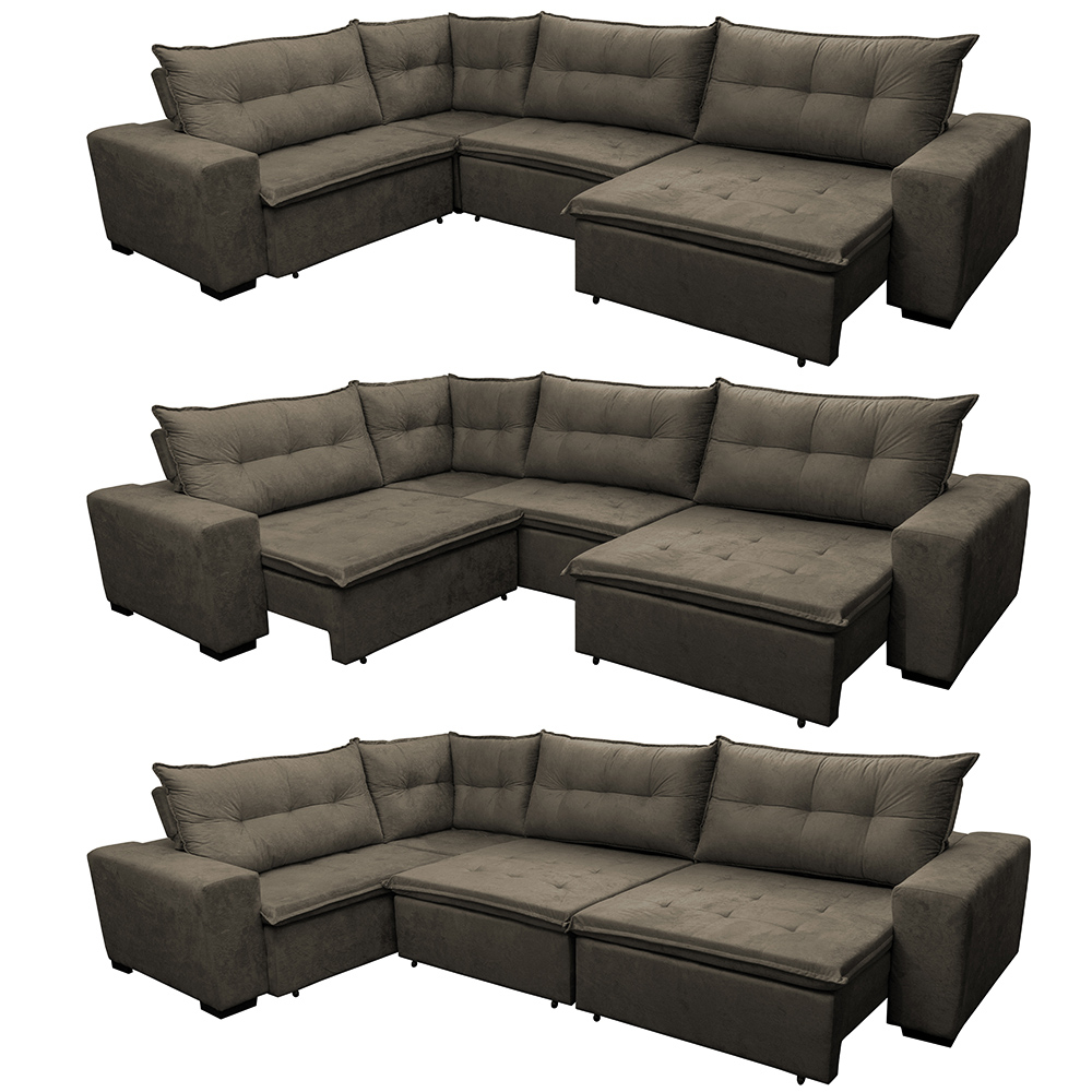 Sofa de Canto Retrátil e Reclinável com Molas Cama inBox Oklahoma 3,65X2,51 ou 2,51X3,65 Café