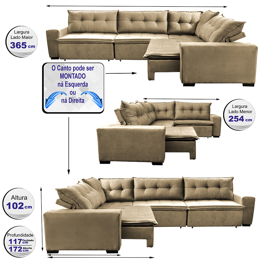 Sofa de Canto Retrátil e Reclinável com Molas Cama inBox Oklahoma 3,65X2,51 ou 2,51X3,65 Castor