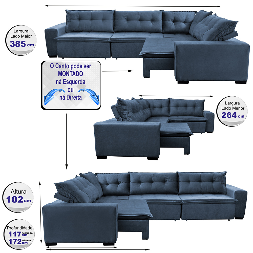 Sofa de Canto Retrátil e Reclinável com Molas Cama inBox Oklahoma 3,85X2,61 ou 2,61X3,85 Azul