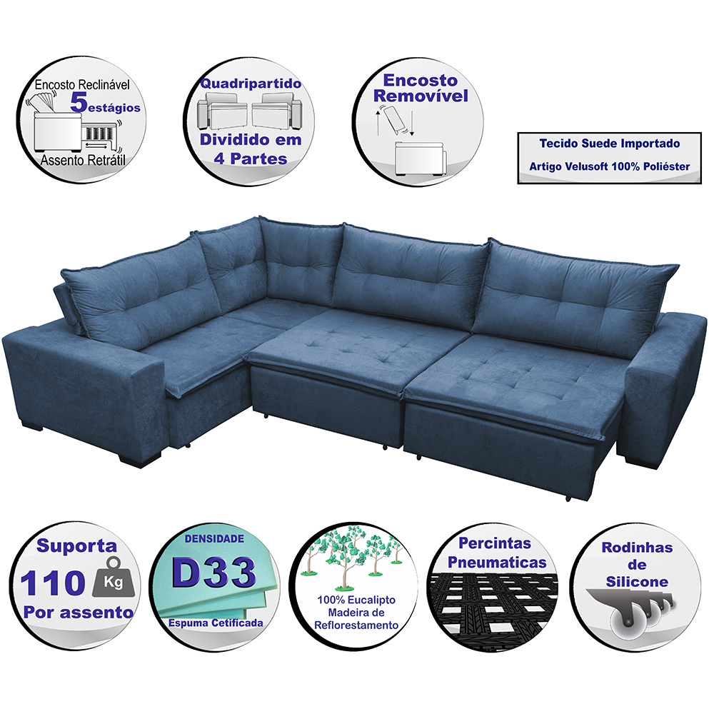 Sofa de Canto Retrátil e Reclinável com Molas Cama inBox Oklahoma 3,85X2,61 ou 2,61X3,85 Azul
