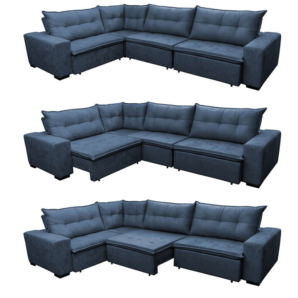 Sofa de Canto Retrátil e Reclinável com Molas Cama inBox Oklahoma 3,85X2,61 ou 2,61X3,85 Azul