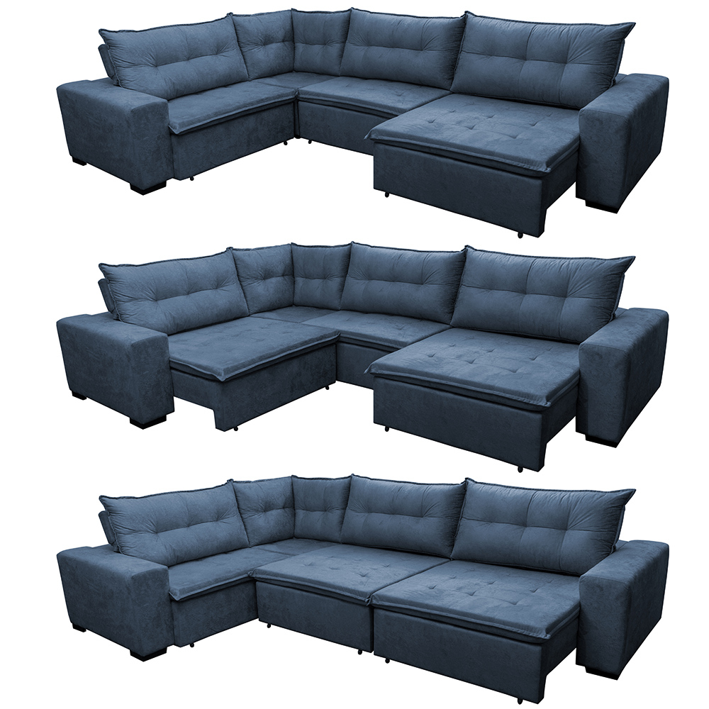 Sofa de Canto Retrátil e Reclinável com Molas Cama inBox Oklahoma 3,85X2,61 ou 2,61X3,85 Azul