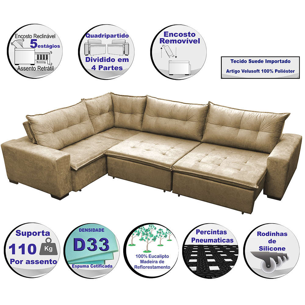 Sofa de Canto Retrátil e Reclinável com Molas Cama inBox Oklahoma 3,85X2,61 ou 2,61X3,85 Castor