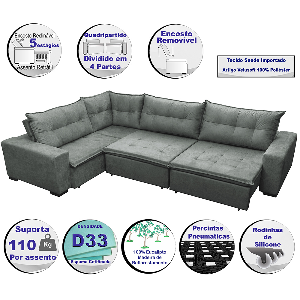 Sofa de Canto Retrátil e Reclinável com Molas Cama inBox Oklahoma 3,85X2,61 ou 2,61X3,85 Cinza