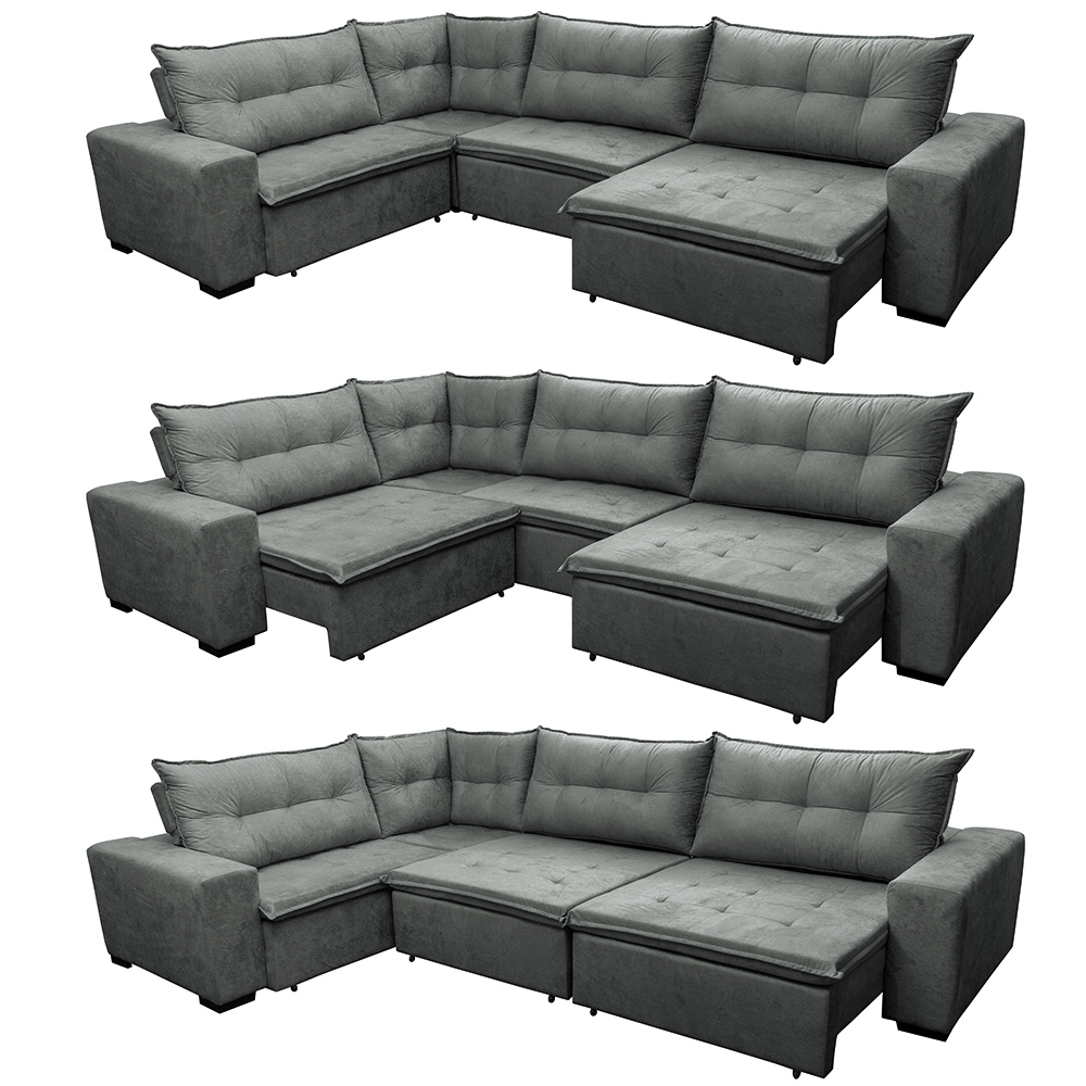 Sofa de Canto Retrátil e Reclinável com Molas Cama inBox Oklahoma 3,85X2,61 ou 2,61X3,85 Cinza