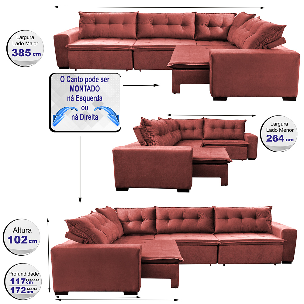 Sofa de Canto Retrátil e Reclinável com Molas Cama inBox Oklahoma 3,85X2,61 ou 2,61X3,85 Vermelho