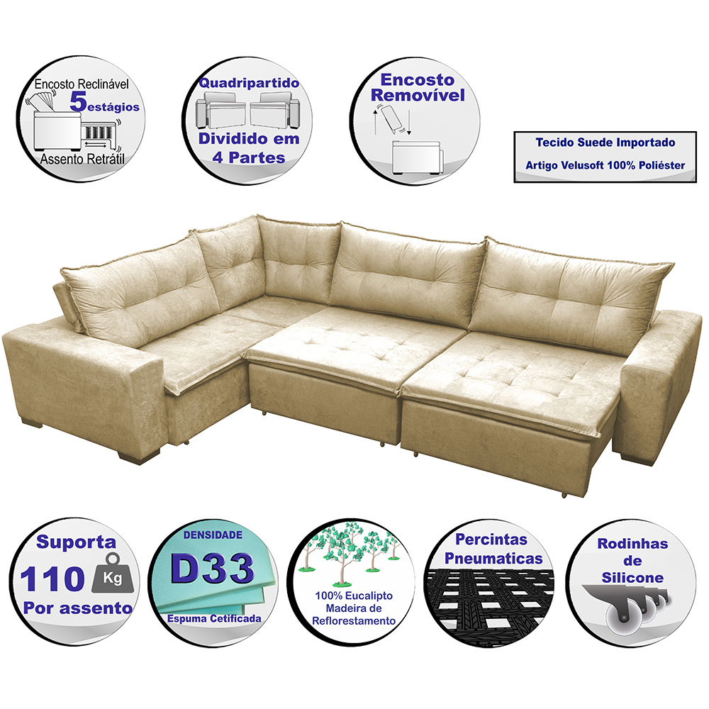 Sofa de Canto Retrátil e Reclinável com Molas Cama inBox Oklahoma 3,85X2,64 ou 2,64X3,85 Bege