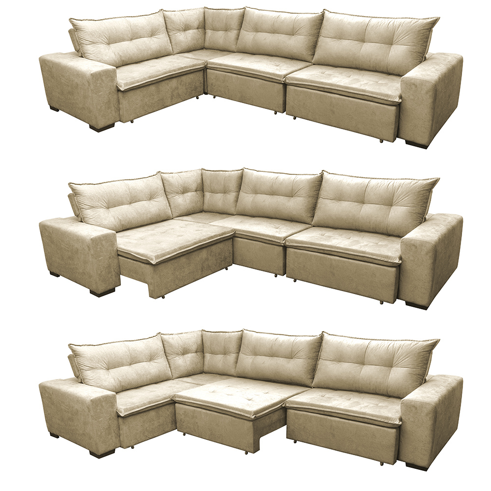 Sofa de Canto Retrátil e Reclinável com Molas Cama inBox Oklahoma 3,85X2,64 ou 2,64X3,85 Bege