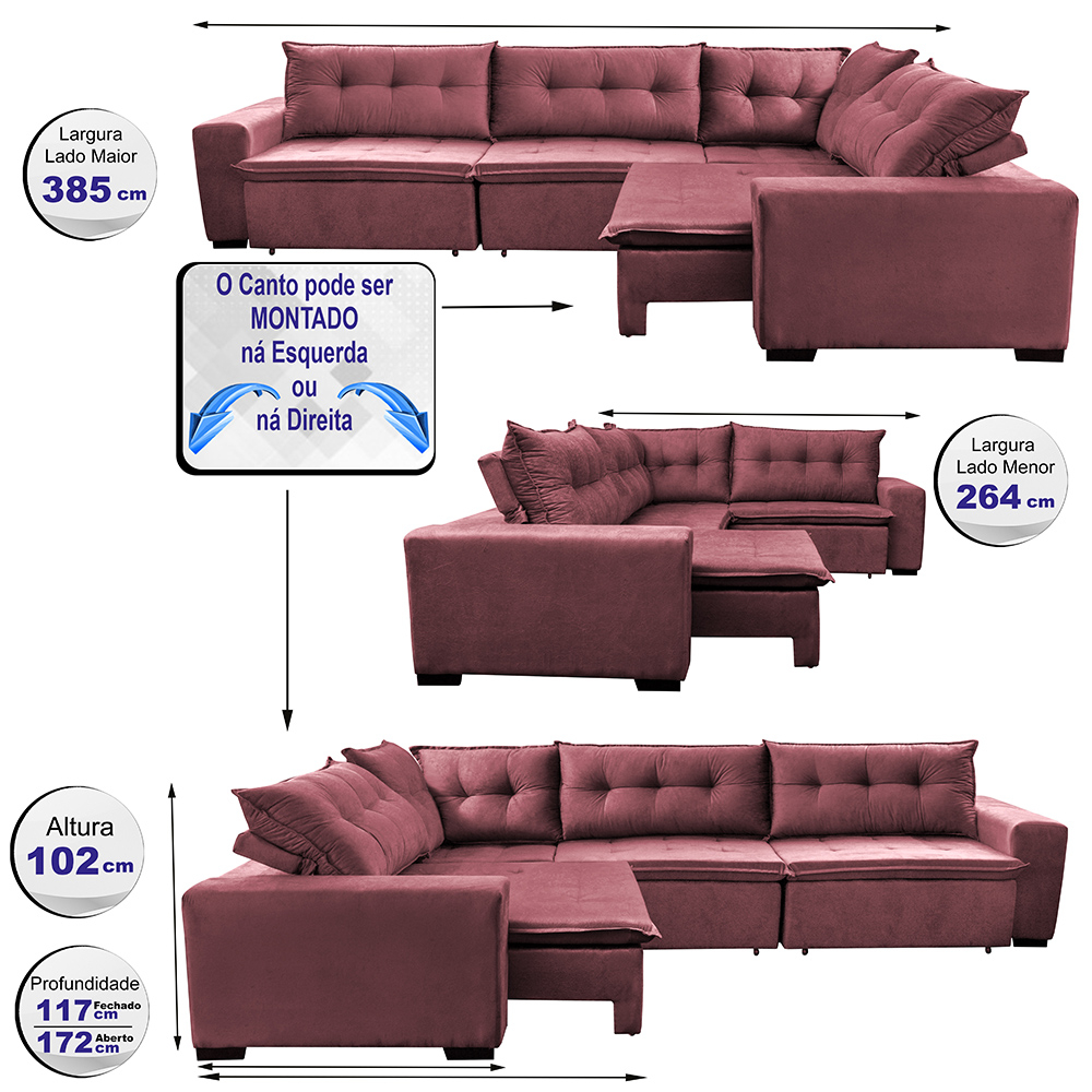 Sofa de Canto Retrátil e Reclinável com Molas Cama inBox Oklahoma 3,85X2,64 ou 2,64X3,85 Vinho
