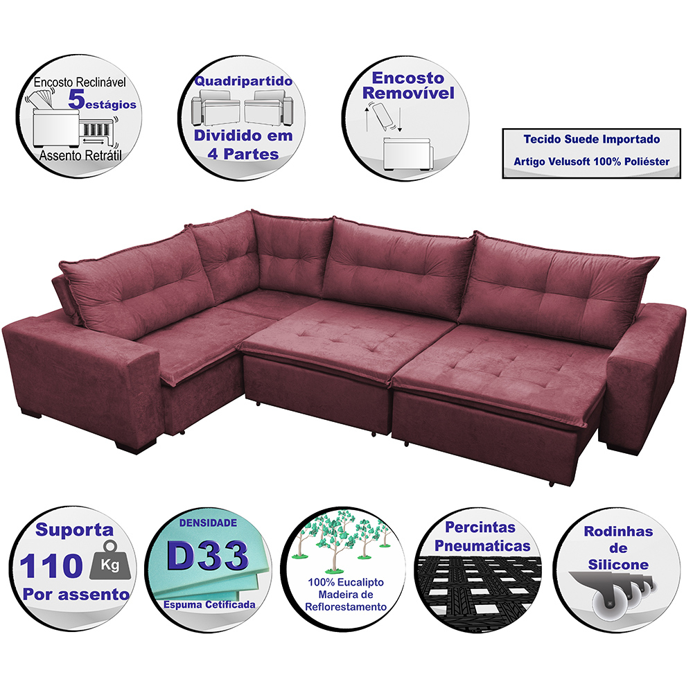 Sofa de Canto Retrátil e Reclinável com Molas Cama inBox Oklahoma 3,85X2,64 ou 2,64X3,85 Vinho