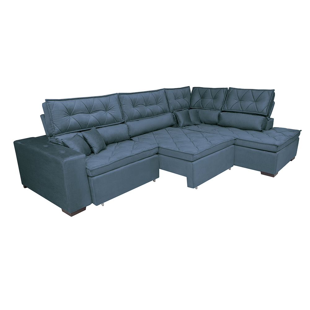 Sofa de Canto Retrátil e Reclinável com Molas Cama inBox Platinum 3,00x2,36 Tecido Suede Azul