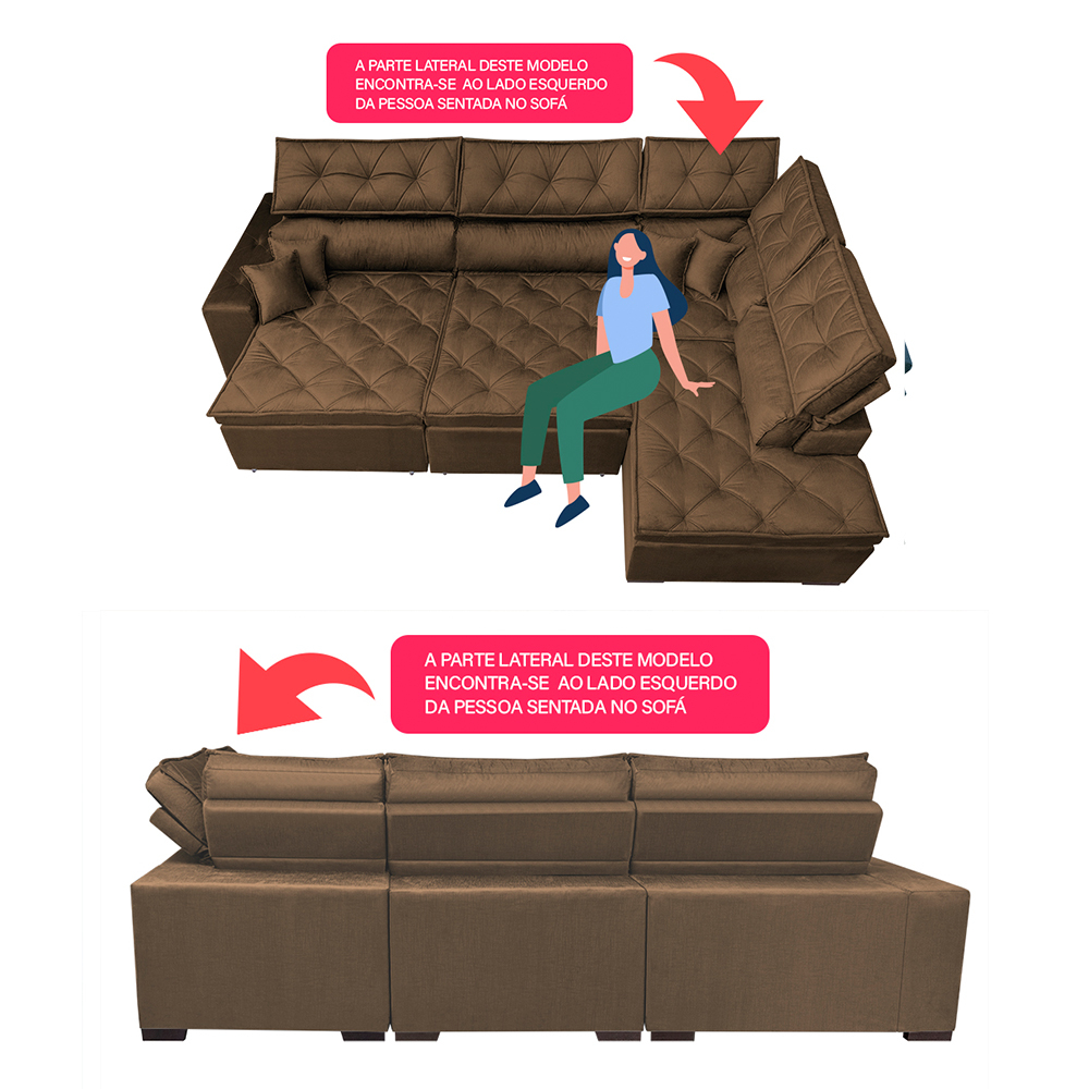 Sofa de Canto Retrátil e Reclinável com Molas Cama inBox Platinum 3,00x2,36 Tecido Suede Café