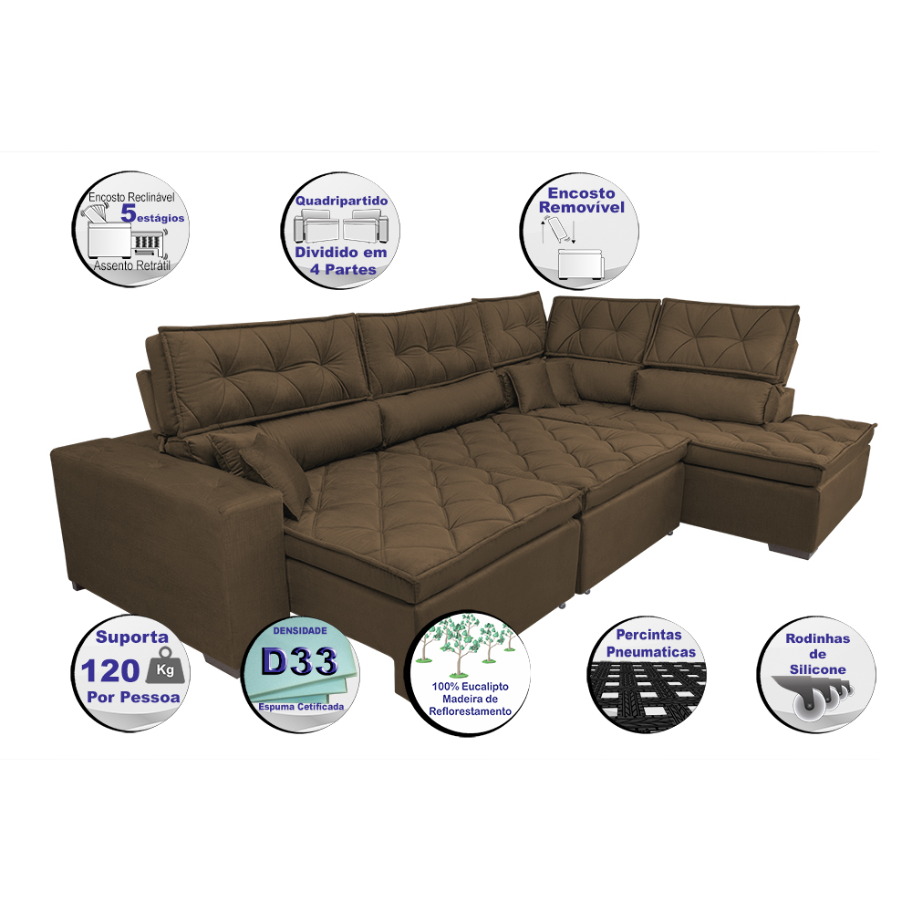 Sofa de Canto Retrátil e Reclinável com Molas Cama inBox Platinum 3,00x2,36 Tecido Suede Café