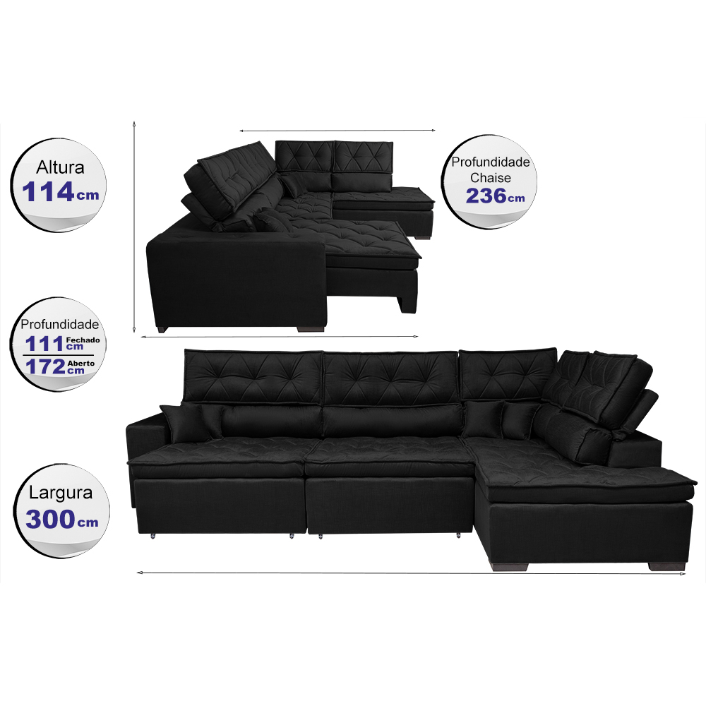 Sofa de Canto Retrátil e Reclinável com Molas Cama inBox Platinum 3,00x2,36 Tecido Suede Preto