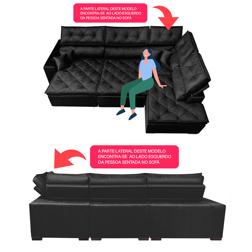 Sofa de Canto Retrátil e Reclinável com Molas Cama inBox Platinum 3,00x2,36 Tecido Suede Preto