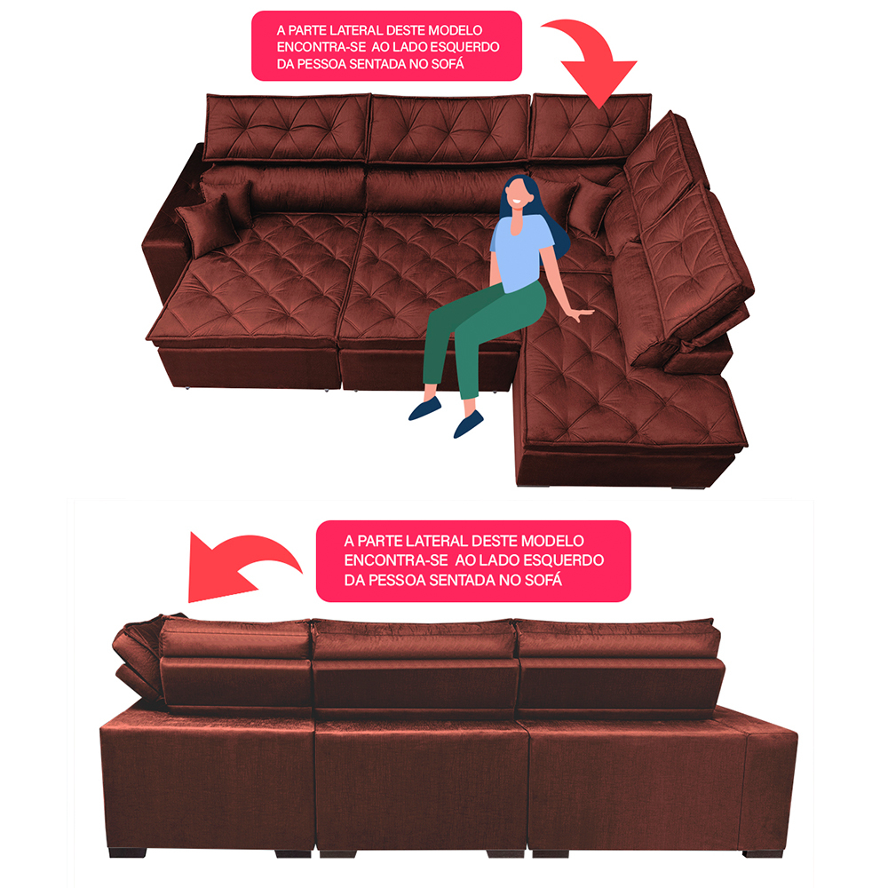Sofa de Canto Retrátil e Reclinável com Molas Cama inBox Platinum 3,00x2,36 Tecido Suede Vinho