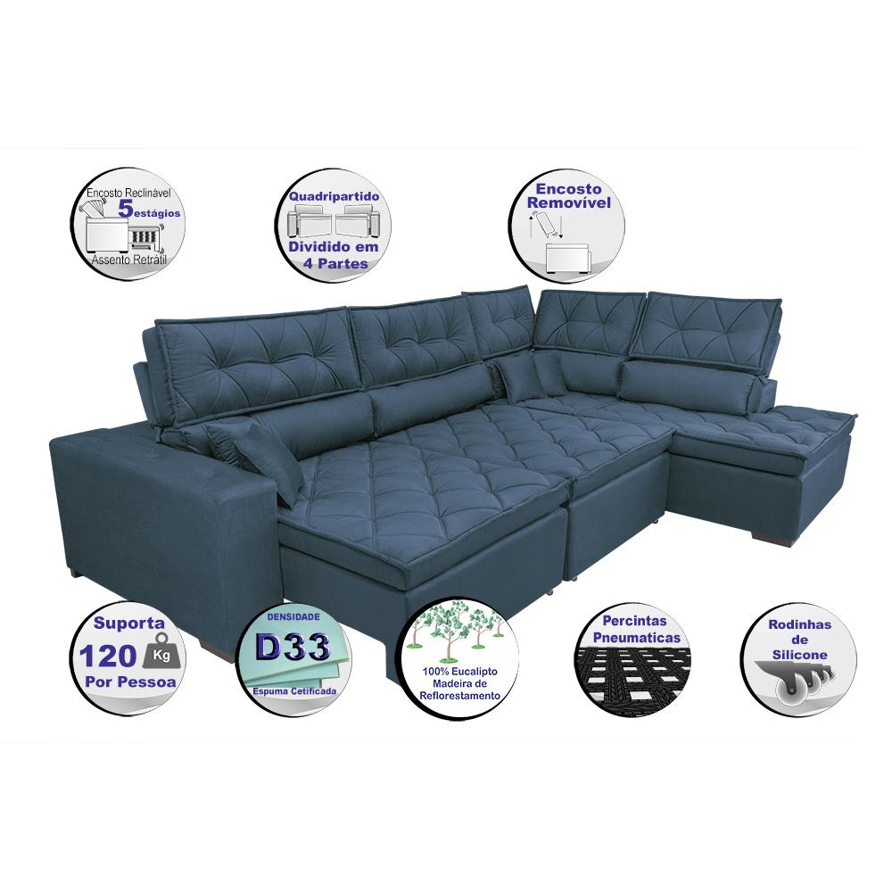 Sofa de Canto Retrátil e Reclinável com Molas Cama inBox Platinum 3,40x2,36 Tecido Suede Azul