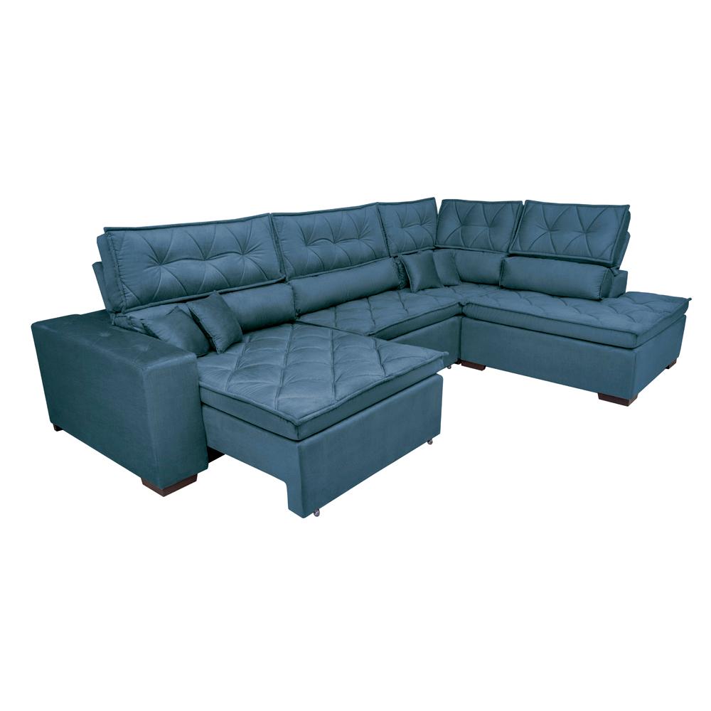 Sofa de Canto Retrátil e Reclinável com Molas Cama inBox Platinum 3,40x2,36 Tecido Suede Azul
