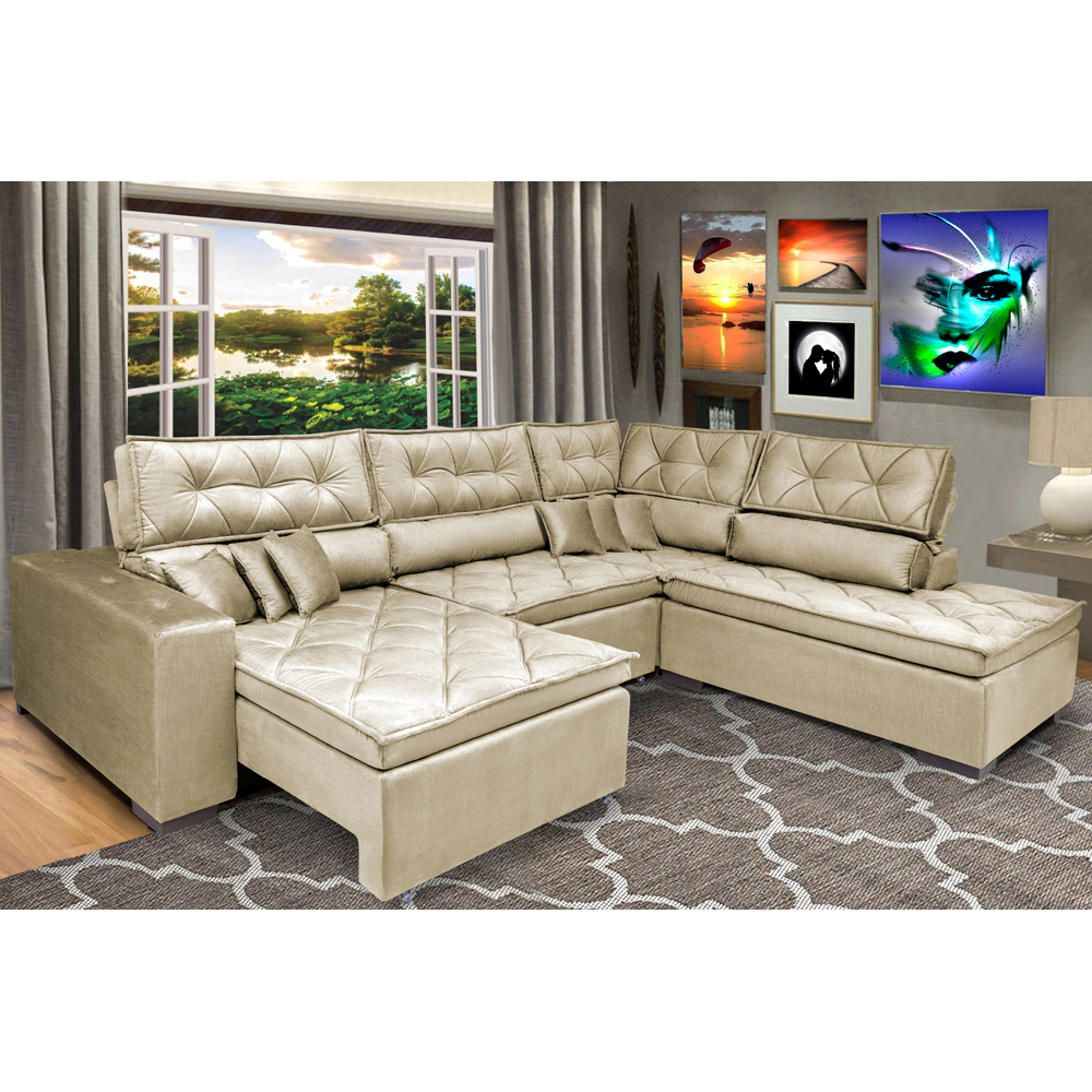 Sofa de Canto Retrátil e Reclinável com Molas Cama inBox Platinum 3,40x2,36 Tecido Suede Bege