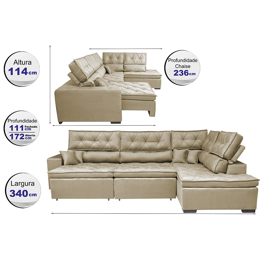 Sofa de Canto Retrátil e Reclinável com Molas Cama inBox Platinum 3,40x2,36 Tecido Suede Bege