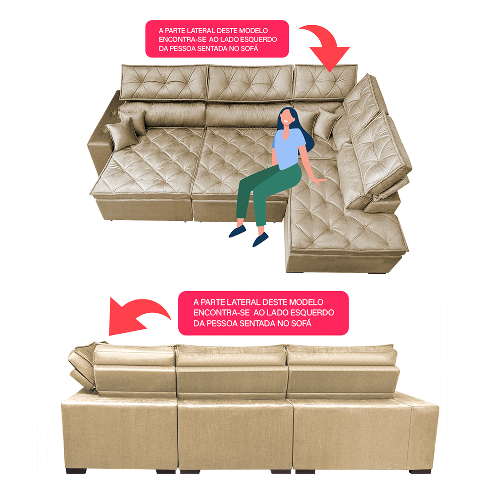 Sofa de Canto Retrátil e Reclinável com Molas Cama inBox Platinum 3,40x2,36 Tecido Suede Bege