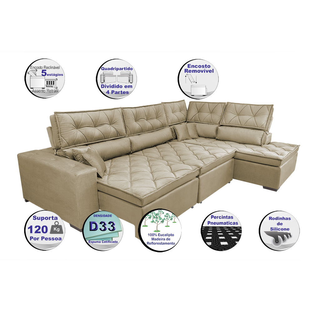 Sofa de Canto Retrátil e Reclinável com Molas Cama inBox Platinum 3,40x2,36 Tecido Suede Bege