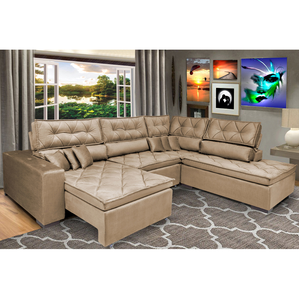 Sofa de Canto Retrátil e Reclinável com Molas Cama inBox Platinum 3,40x2,36 Tecido Suede Castor