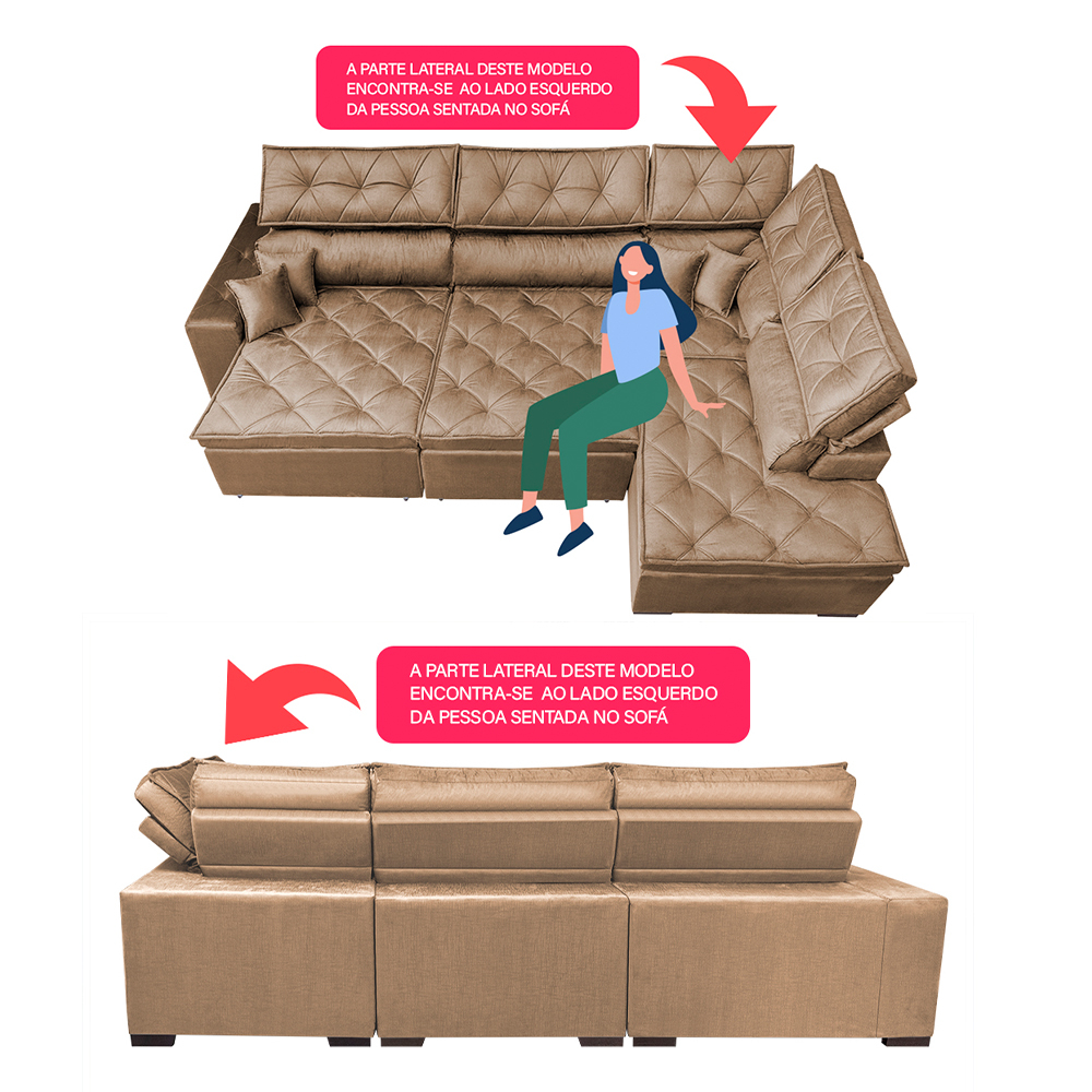 Sofa de Canto Retrátil e Reclinável com Molas Cama inBox Platinum 3,40x2,36 Tecido Suede Castor