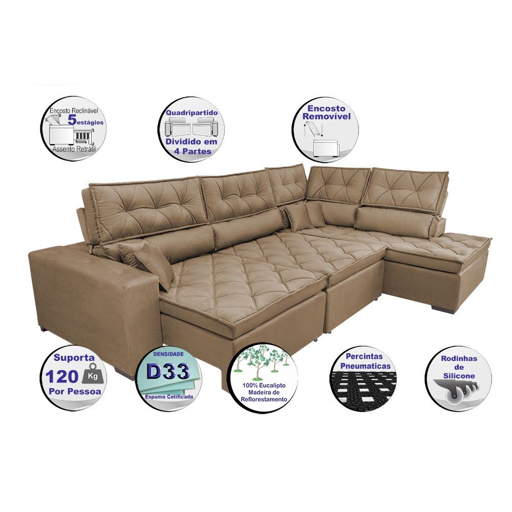 Sofa de Canto Retrátil e Reclinável com Molas Cama inBox Platinum 3,40x2,36 Tecido Suede Castor