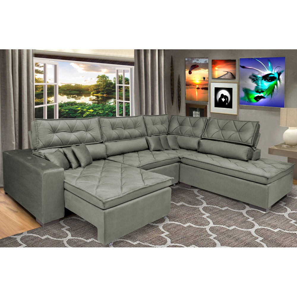 Sofa de Canto Retrátil e Reclinável com Molas Cama inBox Platinum 3,40x2,36 Tecido Suede Cinza