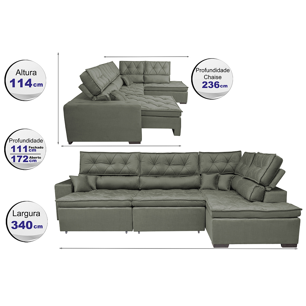 Sofa de Canto Retrátil e Reclinável com Molas Cama inBox Platinum 3,40x2,36 Tecido Suede Cinza