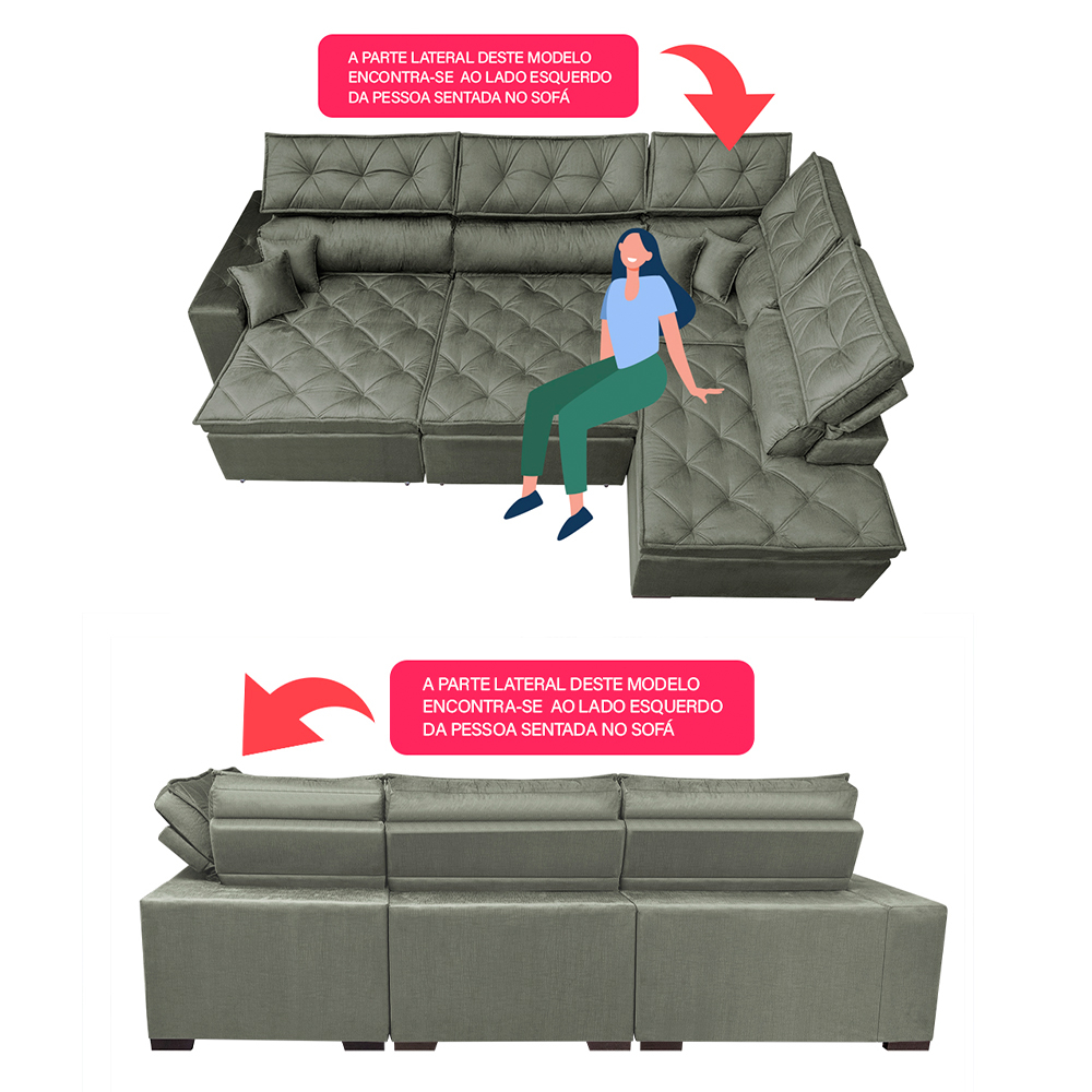 Sofa de Canto Retrátil e Reclinável com Molas Cama inBox Platinum 3,40x2,36 Tecido Suede Cinza