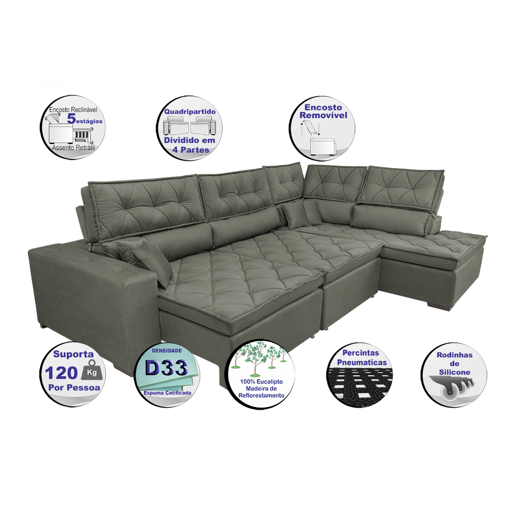 Sofa de Canto Retrátil e Reclinável com Molas Cama inBox Platinum 3,40x2,36 Tecido Suede Cinza