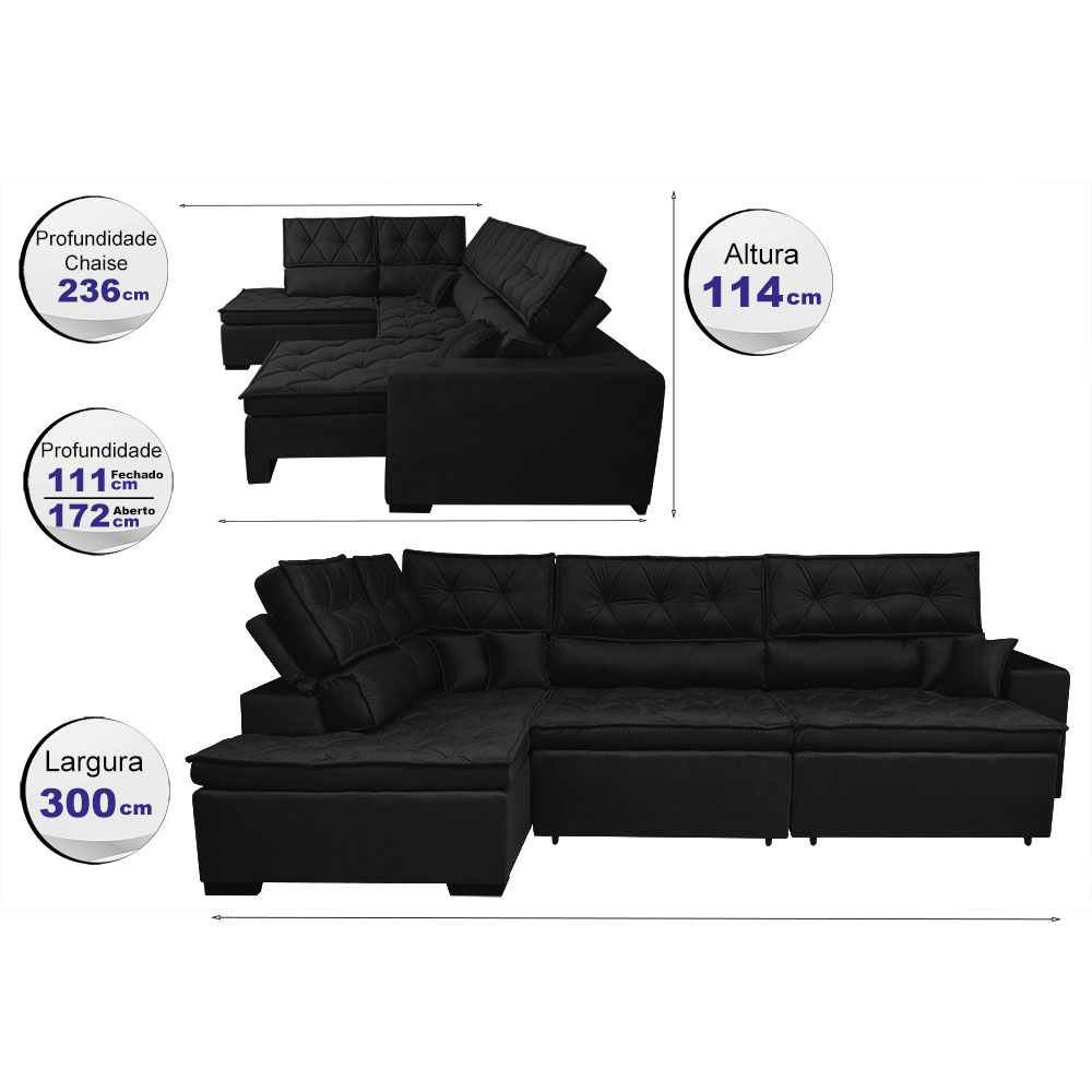 Sofa de Canto Retrátil e Reclinável com Molas Cama inBox Platinum Esquerdo 3,00x2,36 Suede Preto