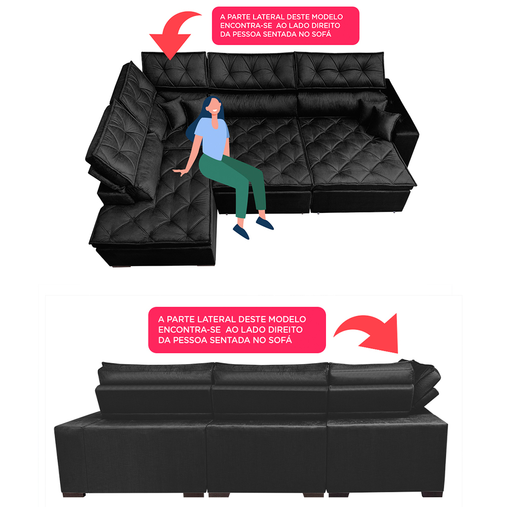 Sofa de Canto Retrátil e Reclinável com Molas Cama inBox Platinum Esquerdo 3,40x2,36 Suede Preto