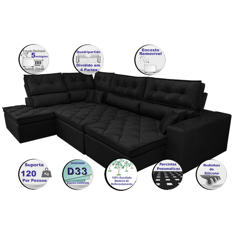 Sofa de Canto Retrátil e Reclinável com Molas Cama inBox Platinum Esquerdo 3,40x2,36 Suede Preto