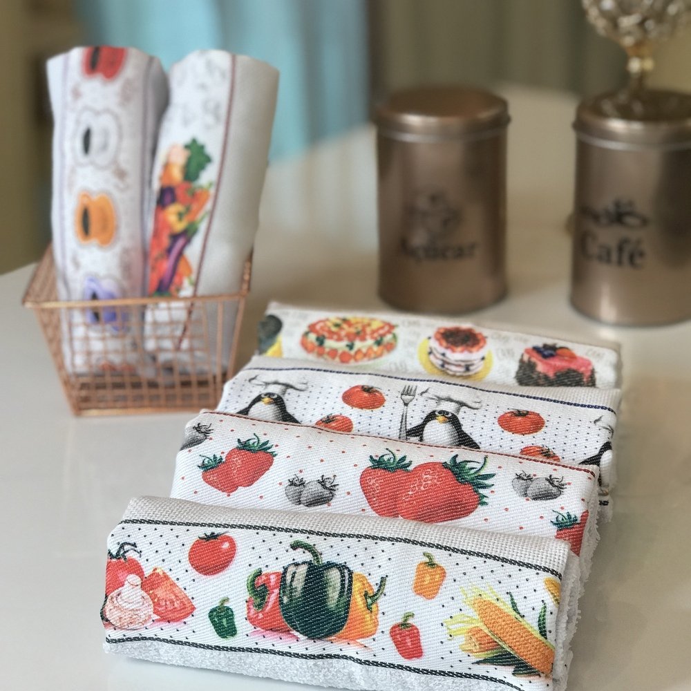 Kit 5 Pano de Louça Gourmet - Utensilio de Cozinha 100% Algodão - Pano de Copa Estampado - Casa da Toalha