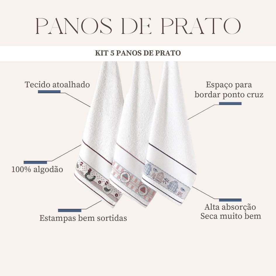 Kit 5 Pano de Louça Gourmet - Utensilio de Cozinha 100% Algodão - Pano de Copa Estampado - Casa da Toalha