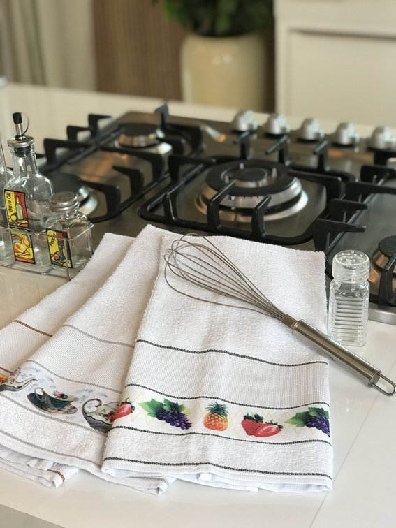 Kit 5 Pano de Louça Gourmet - Utensilio de Cozinha 100% Algodão - Pano de Copa Estampado - Casa da Toalha