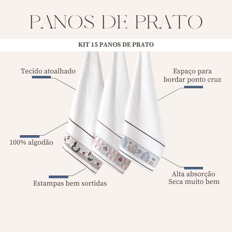 Kit com 15 Pano de Prato Premium - Pano de Louça Gigante - Guardanapo de Cozinha - Casa da Toalha