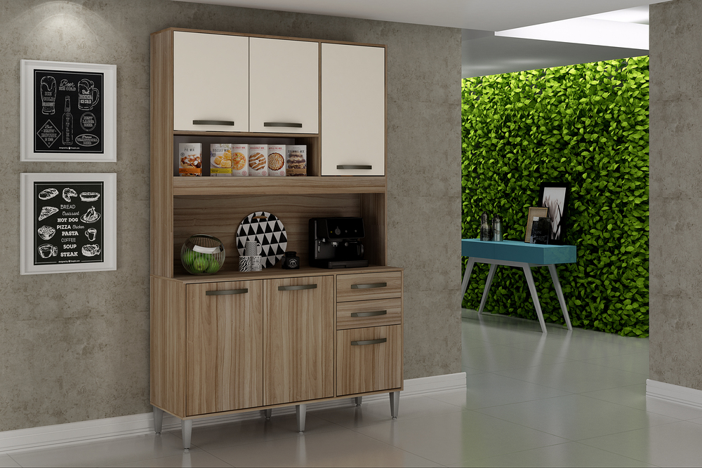 Armário para Cozinha 5 Portas 2 Gavetas Cristal Style CHF Moveis Cedro/Off White